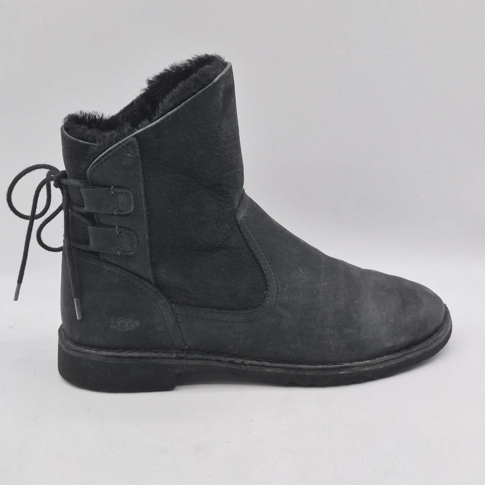 UGG Boots Womens Size‎ 8.5 Black Suede Shearling Lined Tie Back Ankle 1019164